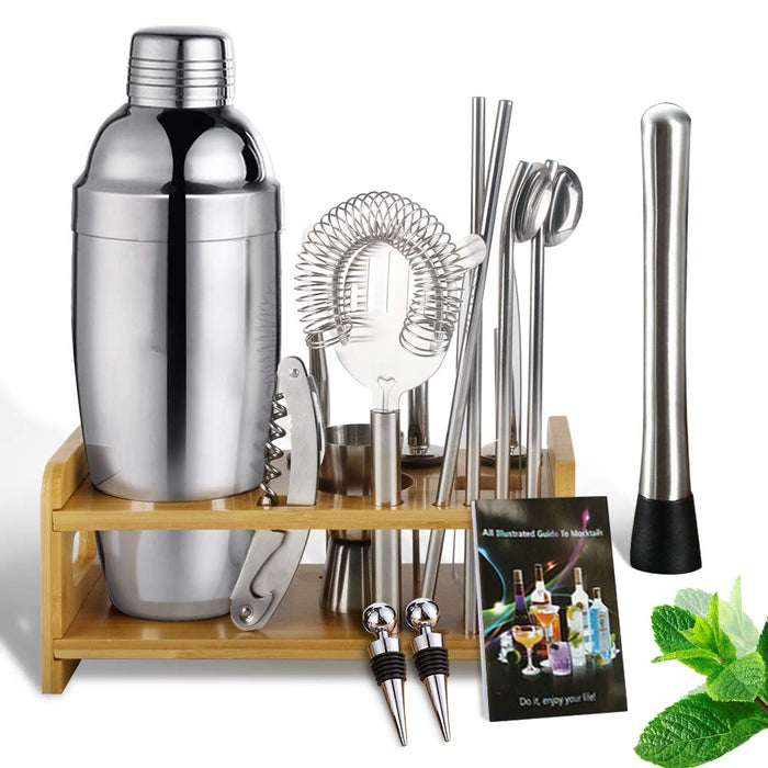 Bar Tools Bartenders Kit Cocktail Shaker Set - 750ml Double Base Stainless Steel Shaker with Wooden Stand Designed Package Perfect