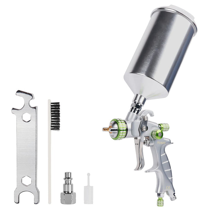 Huepar HVLP Gravity Feed Air Spray Gun, with 3 Knobs for Full Adjustment, 1.3mm Stainless Steel Nozzle, 14CFM No Rubber O-Ring Paint Sprayer, 1000ml Aluminum Cup Optimal Working Pressure 29psi-SG240T