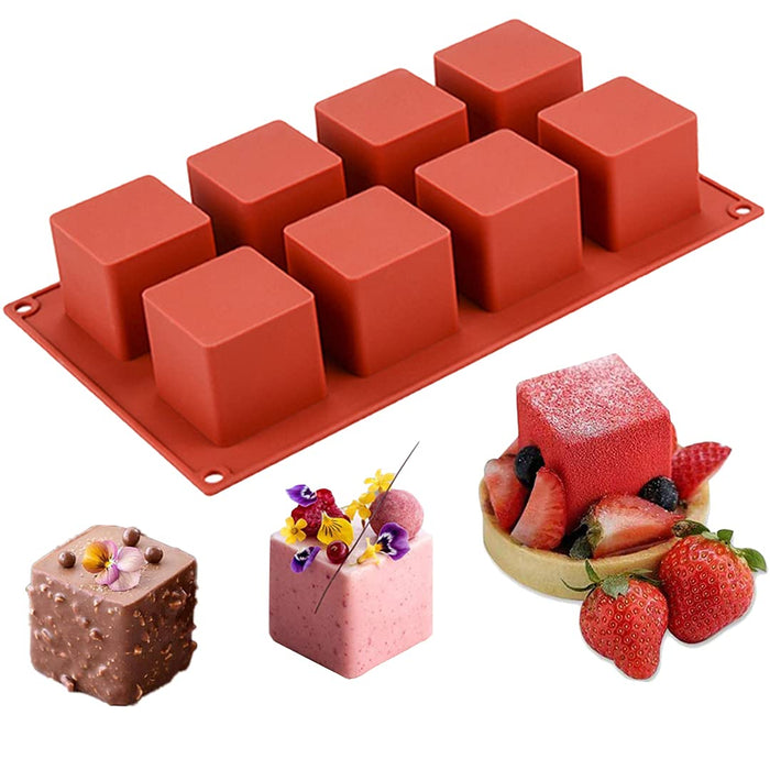 JOERSH 3D Square Silicone Mold | 2" x 2" x 2" Square Mousse Cake Baking Mold Dessert Molds for Cheesecake/Jelly/Brownie/Soap/Candle (8-Cavity)