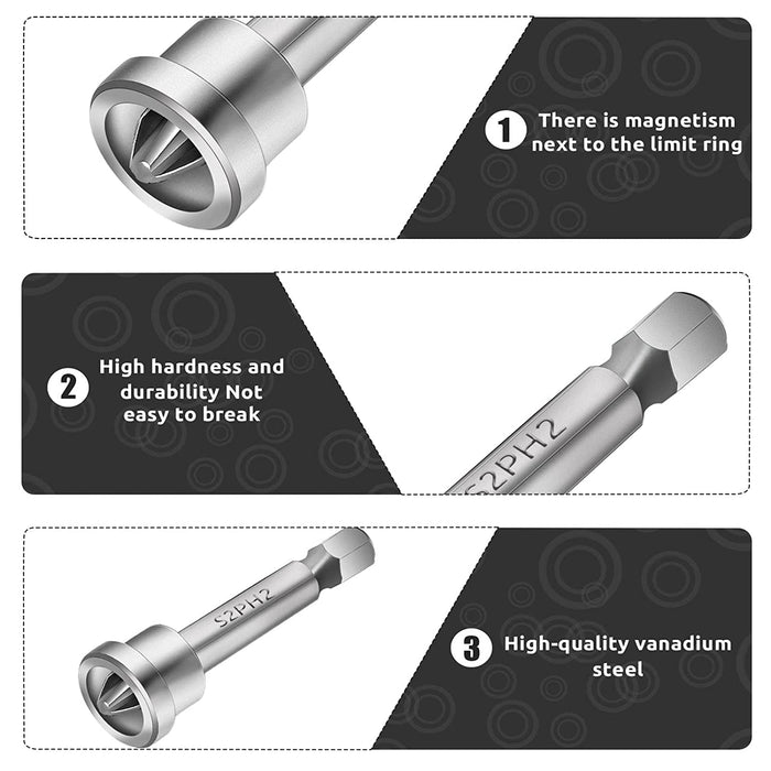 5 Pcs Magnetic Positioning Screwdriver Bits Set Anti-Slip PH2 Drywall Screw Setter Hex Shank Screwdriver Bits Dimpler Screw Positioning Bit Batch Head (50mm, 25mm)