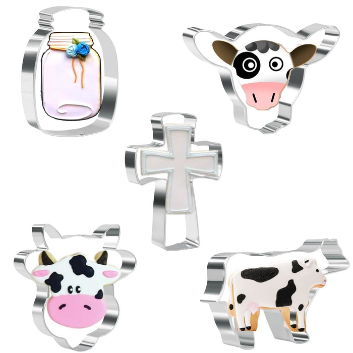 Crethinkaty Cow Cookie Cutter Set - 5 Pieces Stainless Steel Cookie Cutters Milk Bottle,Cow,Longhorn,Cow Head and Holy Cross