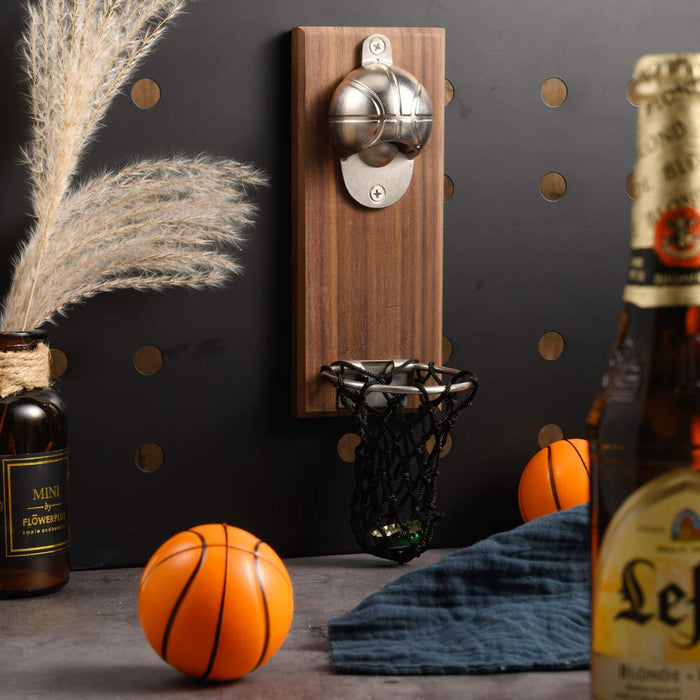 Magnetic Basketball Bottle Opener, Wooden Wall Mounted Opener with Cap Collector Catcher, Ideal for Basketball and Beer Lovers