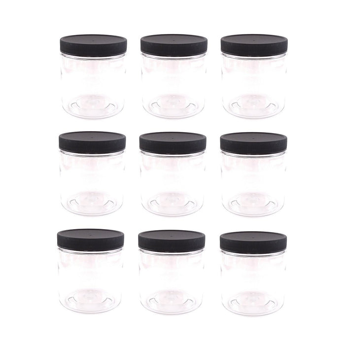 Clear Plastic Jars 8 ounce with Black Lids (9-Pack) Refillable