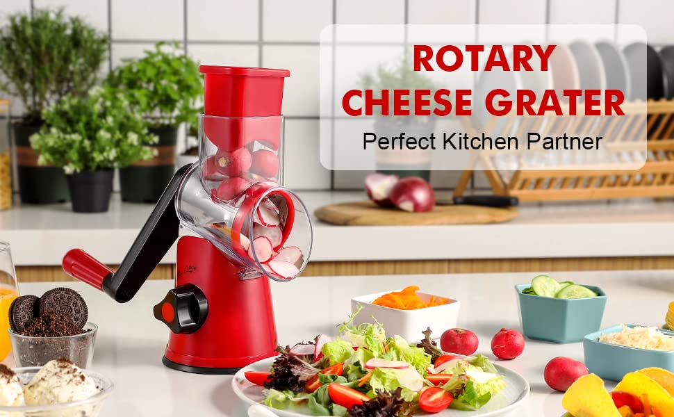 Cheese Grater Rotary, Rotary Grater for Kitchen, Kitchen Grater Vegetable  Slicer with 3 Drum Blades, Fast Cutting Cheese Shredder for Vegetables and