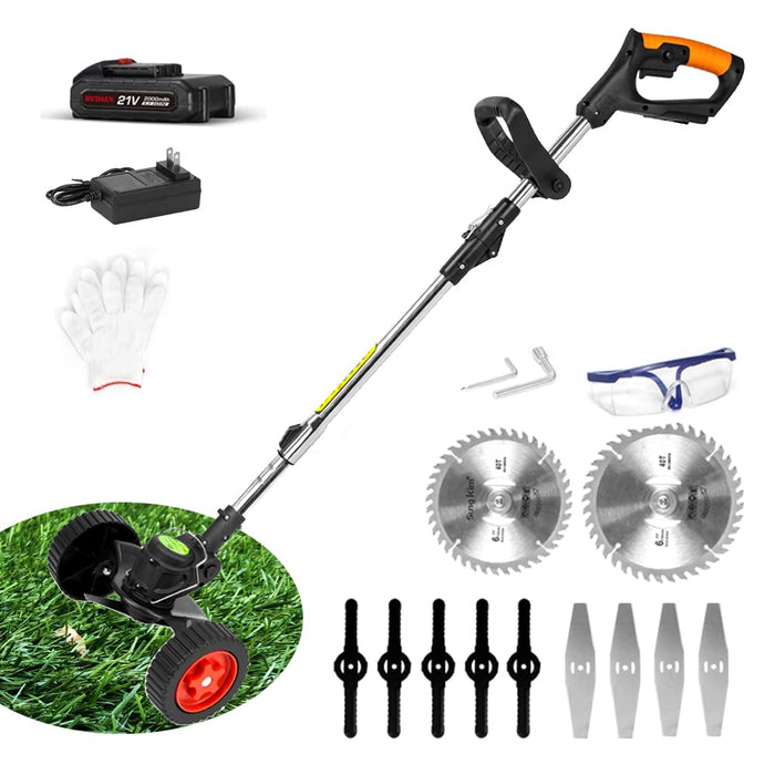 HUDAEN Cordless Grass Trimmer Weed Wacker, 3-in-1 String Trimmer Lawn Edger with 21V 2Ah Li-ion Battery for Garden and Yard with Wheel, Lightweight Adjustable Height Weed Eater Tool(Black)