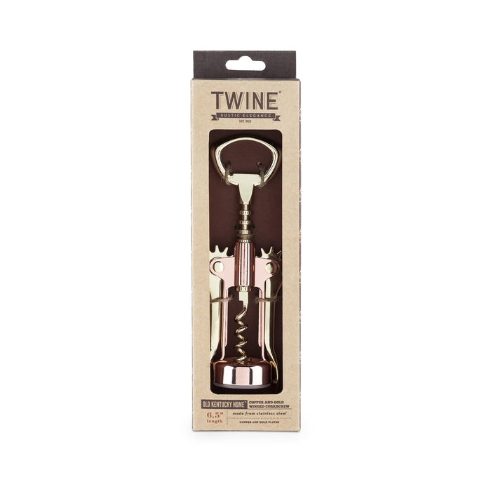 Twine Two-Tone Copper and Gold Winged Corkscrew, Self Centering Worm, Wine Bottle Opener, Lever Arms, Stainless Steel Set of 1