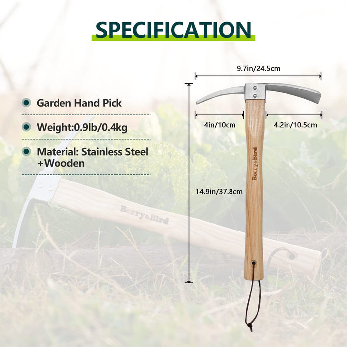 Berry&Bird Garden Pick Mattock Hoe, Stainless Steel Pickaxe Hoe with Wooden Handle, Heavy Duty Pick Axe Hand Tool for Transplanting Digging Planting Loosening Soil Camping or Prospecting