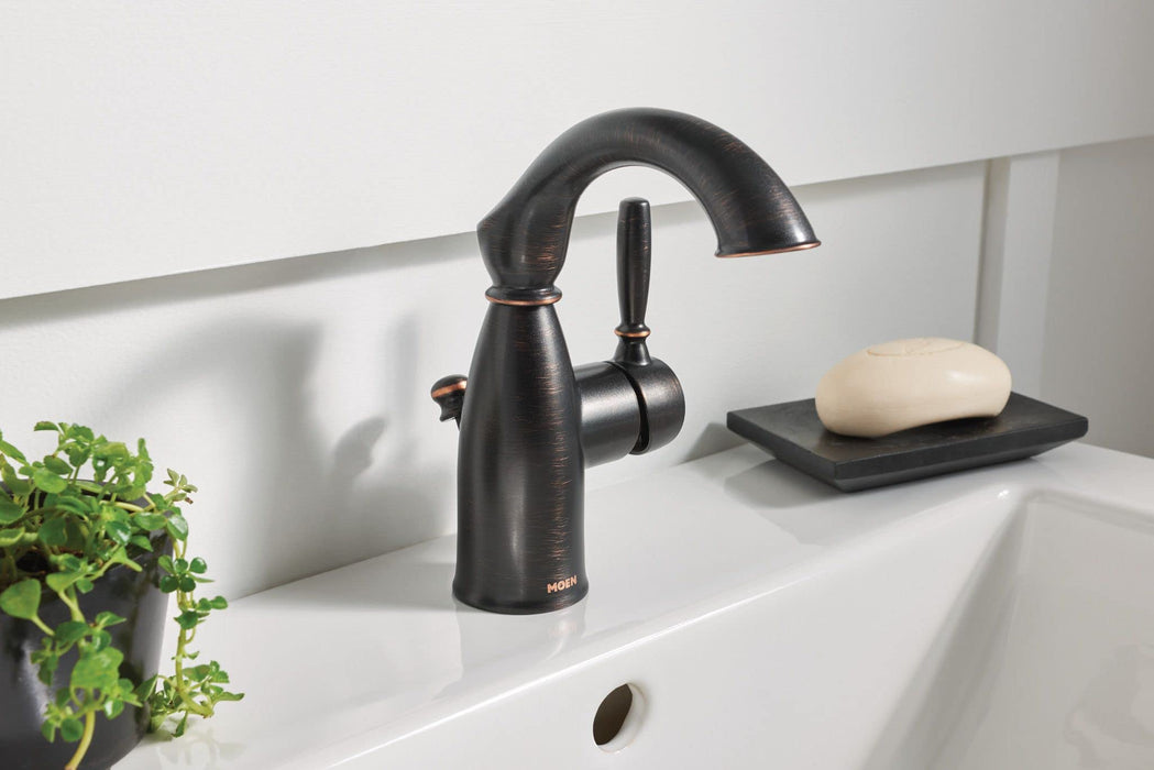 Moen Sarona Mediterranean Bronze One-Handle Single Hole Rustic Farmhouse Bathroom Faucet with Optional Deckplate, Traditional Bathroom Sink Faucet and Drain Assembly, 84144BRB