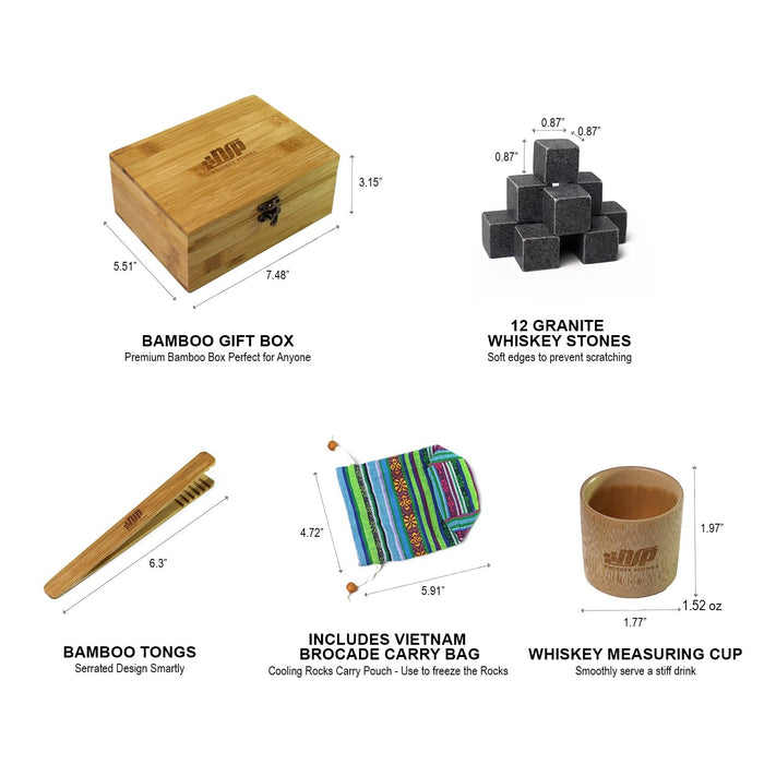 NSP Whiskey Stones s Set for Father, Dad, Husband, Boyfriend, for Men. Made of Natural Granite; Bamboo Box; Brocade Bag; Bamboo