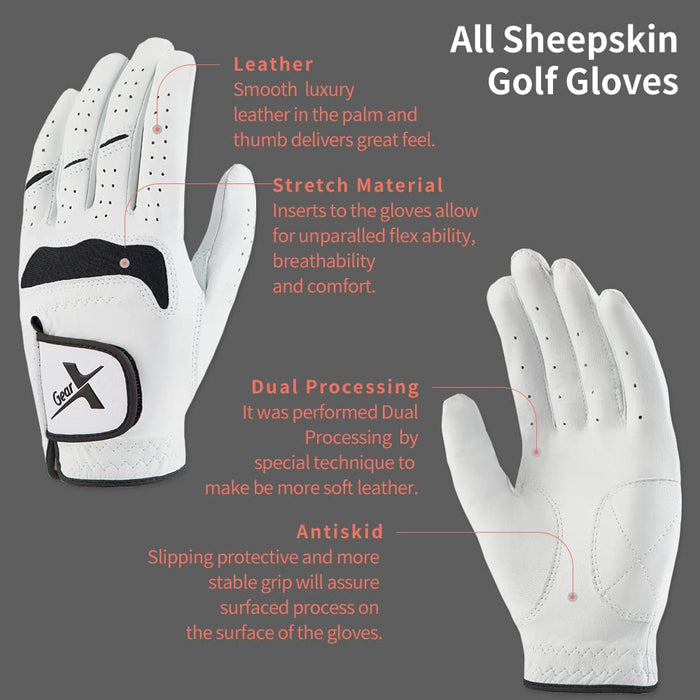 GearX Men's All Sheep Skin Golf Gloves, White