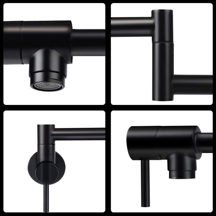 KWODE Matte Black Pot Filler Faucet Wall Mount Commercial Kitchen Sink Faucet Double Joints Folding Stretchable Swing Arm with Single Hole 2 Handles Brass