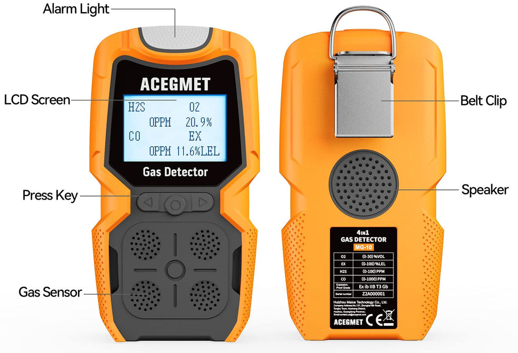 4 Gas Monitor, Portable CO, H2S, O2,EX Gas Detector Meter - Ready to Use  (Orange)