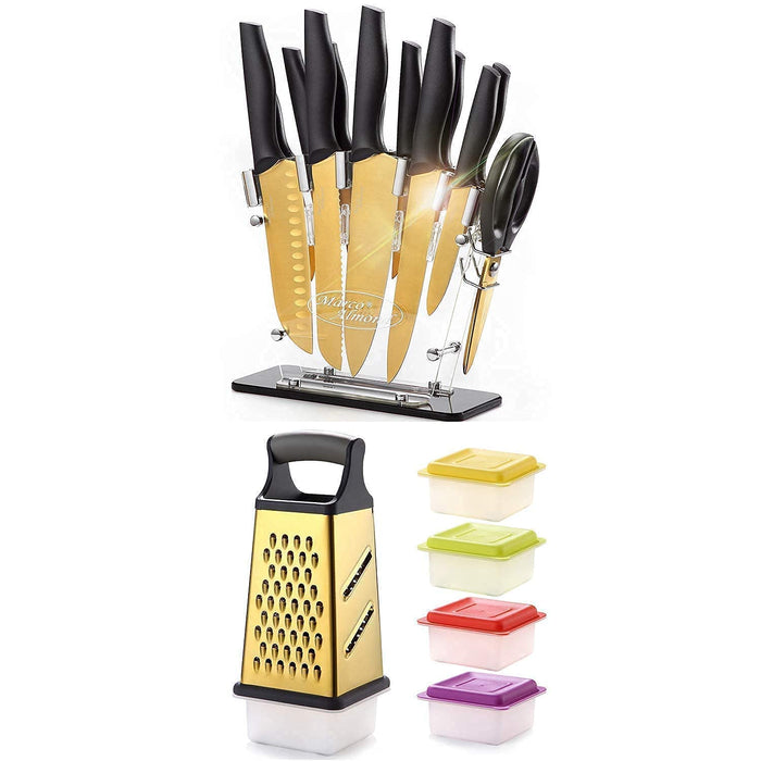 Golden Titanium Knife Set with Acrylic Stand, Kitchen Knives Set with Block +KYA53 Golden Titanium Box Grater, Stainless Steel