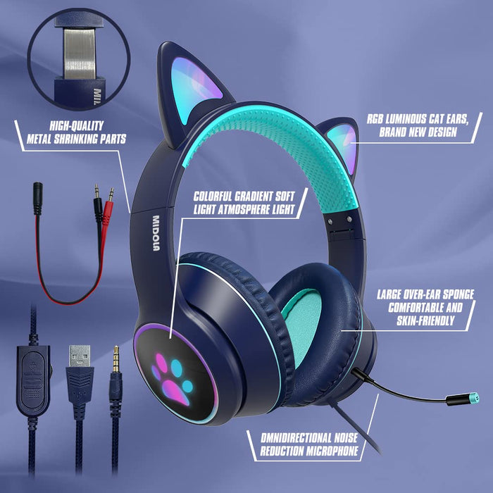 MIDOLA Gaming Wired AUX 3.5mm Cat Ear Headphone Over Ear LED Light Fit Adult & Kids Girl Boy Foldable Stereo Headset Earmuffs with Mic for PC PS4 Game Cellphone Laptop Pad Deep Blue