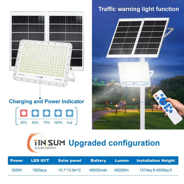 TINSUM 500W Solar Led Flood Lights Outdoor, 30000 Lumens Solar Security Street Lights Dusk to Dawn 1920LED with Remote White Led for Parking Lot,Stadium,Yard,Swimming Pool, Pathway,Flag Pole
