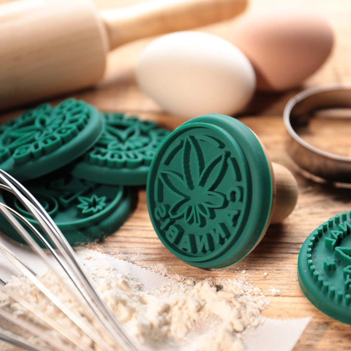 Marijuana Silicone Cookie Stamps, Stainless Steel Cookie Cutter, Wood Handle, Party Novelty , 6 Stamp Set