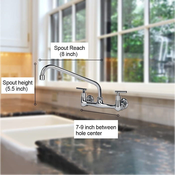 KWODE 2-Handle Commercial Sink Faucet 8 inch Center Wall Mount Kitchen Faucet with 8" Swivel Spout for Home Restaurant Kitchens Brass Constructed Chrome Finish