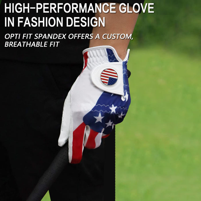 FINGER TEN Golf Gloves USA Flag Blue Camo Plaid Men Left Hand Right with Ball Marker Pack, Mens Leather Golf Glove All Weather Grip, Fit Size Small Medium ML Large XL