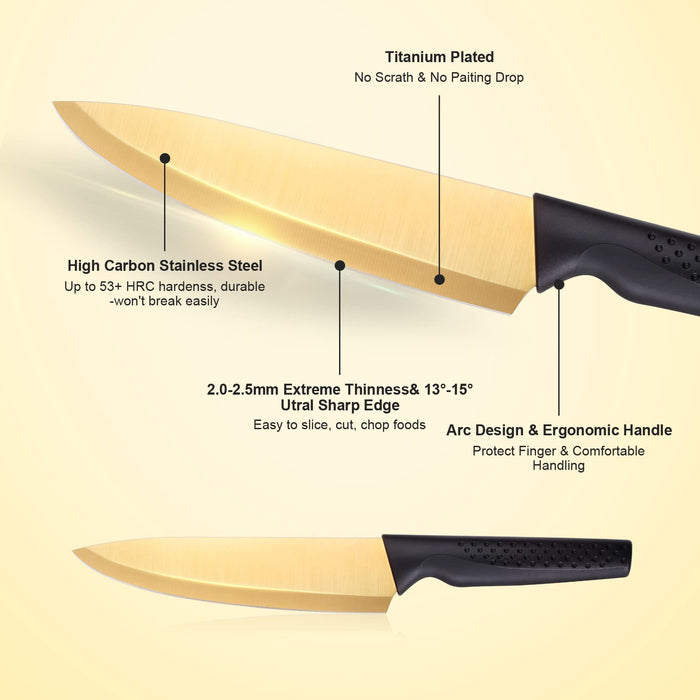 FASAKA Knives Set for Kitchen, Chef Knife Set, Kitchen Knife Sets, 6Pcs Titanium Coated Golden High Carbon Steel Made Kitchen Knives & 6Pcs Knife Sheaths with  Box, House Warming