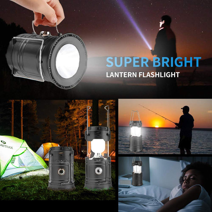 LED Camping Lantern Rechargeable,1 Pack Collapsible Solar Camping Lights  with Flashlight, Waterproof Portable Survival Light for Hurricane,  Emergency, Power Outages, Hiking, Fishing (Black) 