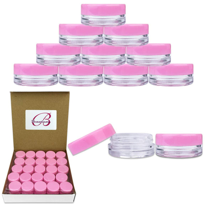 Beauticom 3g/3ml (0.1 Fl Oz) Round Clear Plastic Jars with Round Top Lids for Creams, Lotions, Make Up, Powders, Glitters, and more... (Color: Pink Lid Quantity: 50 Pieces)
