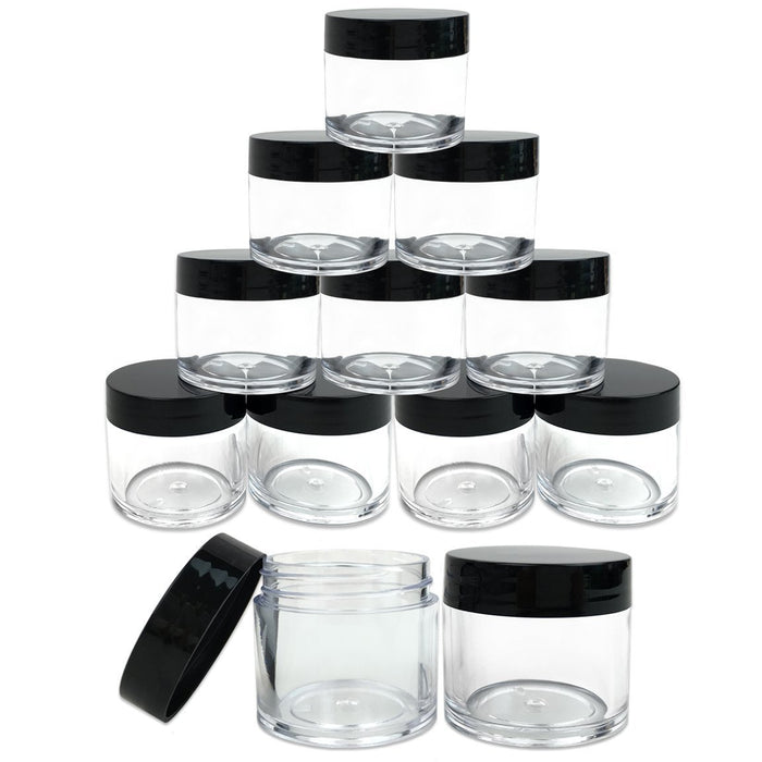 Beauticom 12 Piece 1 oz. USA Acrylic Round Clear Jars with Flat Top Lids for Creams, Lotions, Make Up, Cosmetics, Samples, Herbs, Ointments (12 Pieces Jars + Lids, BLACK)