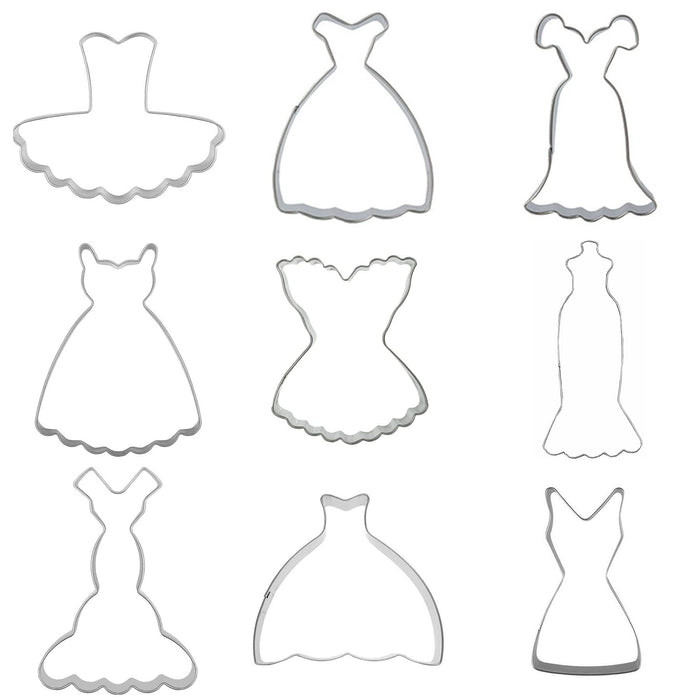 Mini Dress Cookie Cutter Set of 9 pcs, Stainless Steel Mini ONE-BITE SIZE Wedding Dress Shaped Fondant Cutters Baking Molds