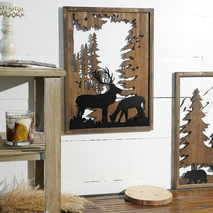 Putuo Decor Forest Wood Wall Decor Living Room, Animal Deer Elk Hanging Decorations for Cabin Bedroom, Modern Wildlife Hunting