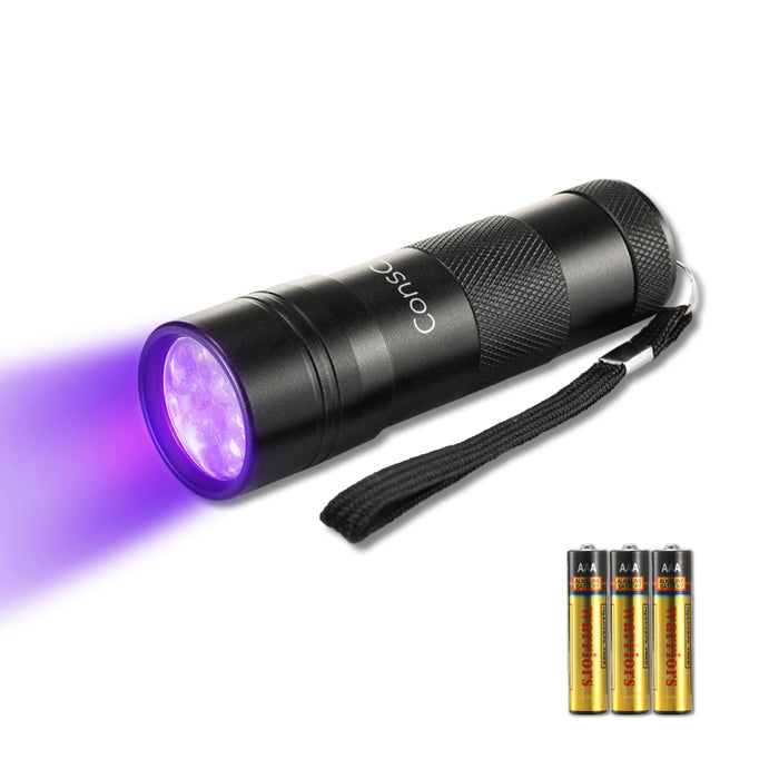 UV Black Light Flashlight, Consciot 12 LED 395nm Handheld Ultraviolet Flashlight, Portable Blacklight Detector Mini Torch Light for Dog Cat Pet Urine Stain, Bed Bug, 3 AAA Batteries Included