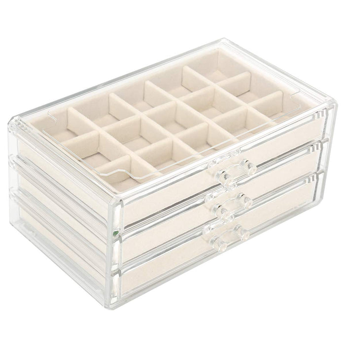 FEISCON Acrylic Jewelry Organizer Makeup Cosmetic Storage Organizer Box Clear Jewelry Case with 3 Drawers Adjustable Jewelry
