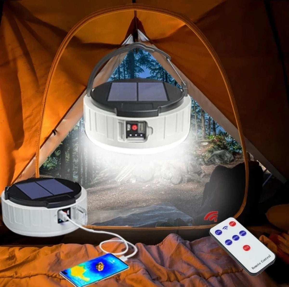 Camping Lantern, Solar Lantern Rechargeable Lantern Camping Light, 96 LEDs  5 Gears Brighter Portable Tent Lights with USB, Support Phone Charging