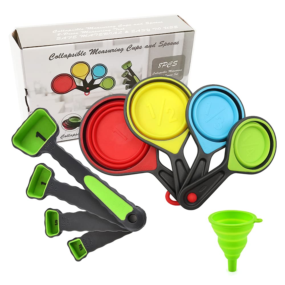 IFFMYJB Silicone Measuring Cups and Spoons Set 8 Pieces - 4 Collapsible  Measuring Cups Set and 4 Measuring Spoons (Green), Great for Liquid & Dry