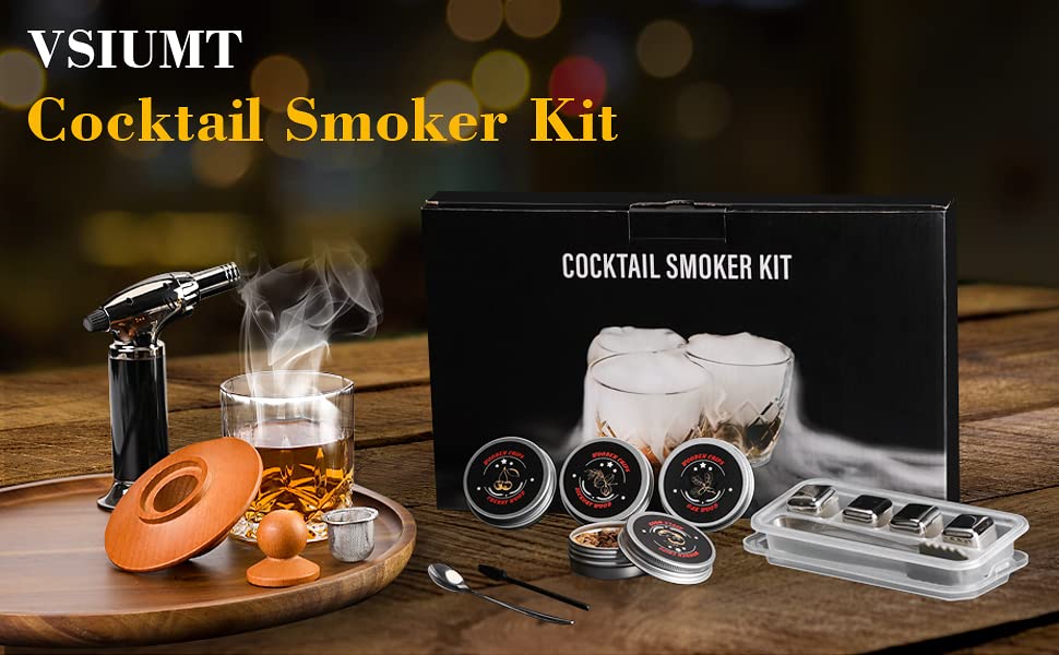 Cocktail Smoker Kit with Torch, Ice Cubes, 4 Flavors Wood Chips, Spoon, Brush-Whiskey Smoker Old Fashioned Bourbon Smoker Kit