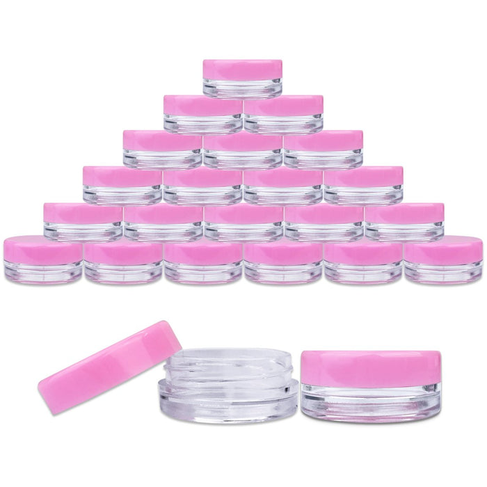 Beauticom 3g/3ml (0.1 Fl Oz) Round Clear Plastic Jars with Round Top Lids for Creams, Lotions, Make Up, Powders, Glitters, and more... (Color: Pink Lid Quantity: 50 Pieces)