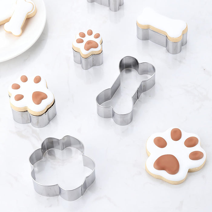 Dog Bone and Dog Paw Print Cookie Cutters Baking Set, Uniqus 8 Pieces Stainless Steel Metal Biscuit Cookie Mold