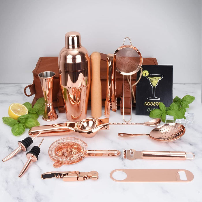 Travel Bartenders Kit with Bag | 17-Piece Copper Bar Tool Set & Portable Bar Bag with Shoulder Strap for Easy Carry and Storage