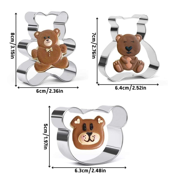 Crethinkaty Teddy Bear Cookie Cutter Set - 3 Pieces Bear Face and Teddy Bears Stainless Steel Biscuit Cutters Fondant Cake