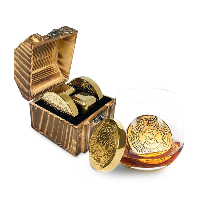 New Pirate Themed Gold Whiskey Coin and Cube Set, Stainless Steel Whiskey Chilling Stones | 4pc Set with Wooden Chest | Whiskey