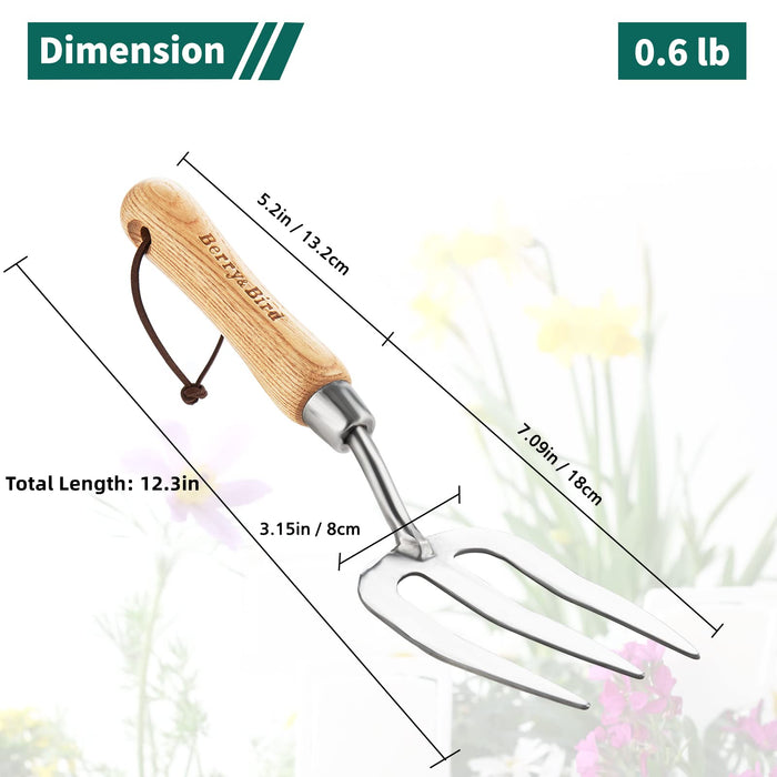 Berry&Bird Gardening Hand Fork, Stainless Steel Hand Weed Fork, Traditional Garden Hand Fork Tool with Ergonomic Ash Wood Handle for Weeding, Digging, Planting and Cultivating