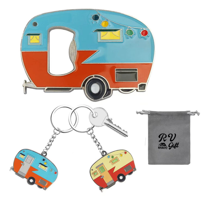Haigoo Rv Keychain 2 Pack and Magnetic Beer Bottle Opener for Fridge with Cap Catcher, Great Camper Set for Camper Lovers