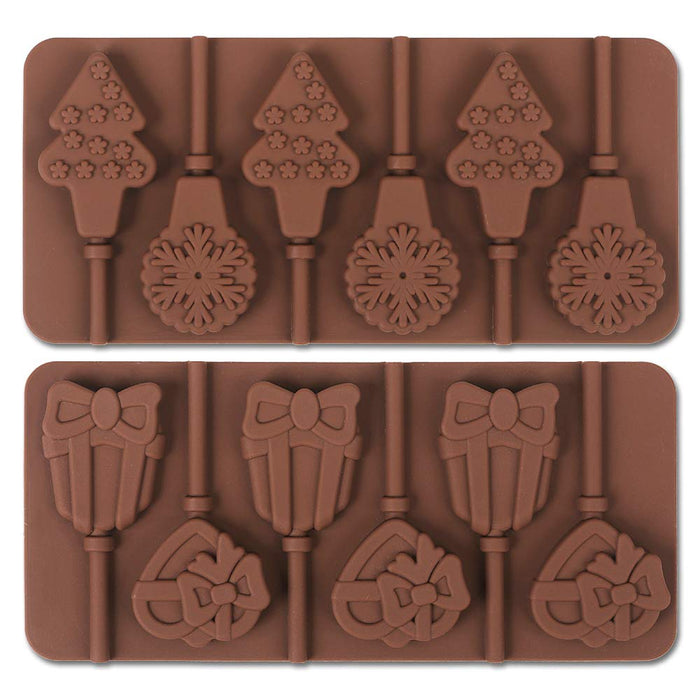 Cozihom 6 Cavity Silicone Lollipop Mold, Candy Mold, Christmas Candy mold, Typical Round, Stars & Hearts, Bowknots, Christmas, Smile Faces Shape, 5 PCS, and 130 PCS Lollipop Sticks