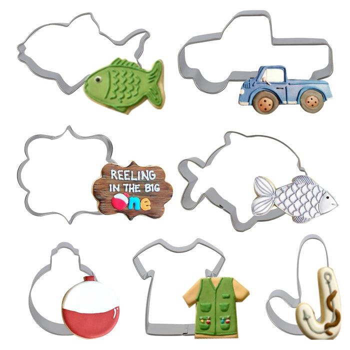 Gone Fishing Cookie Cutter Set with Stainless Steel Sports Jersey, Fish, Candy Cane, Fishing Bobber for Fisherman Fishing