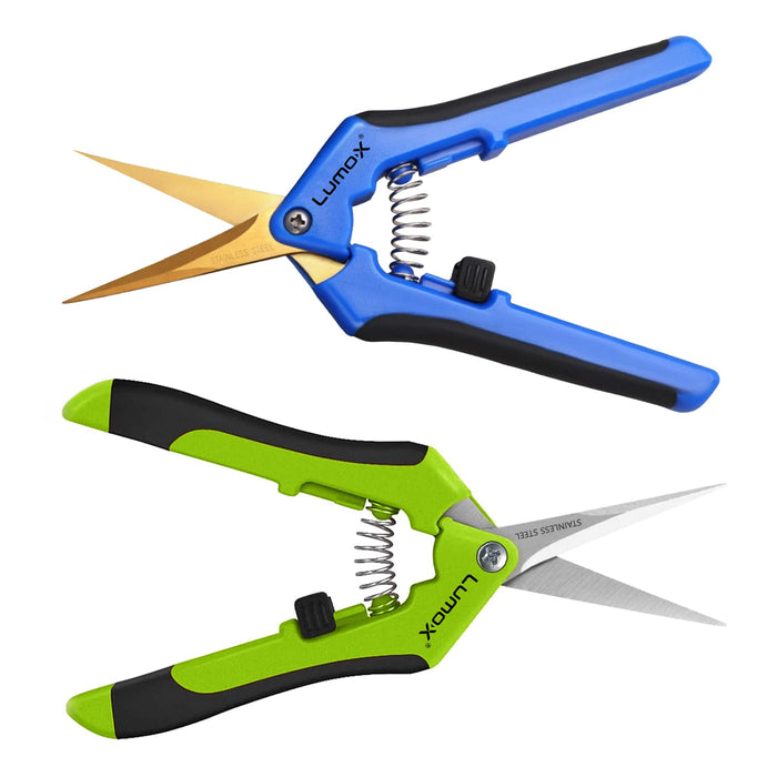Lumo-X Trimming Scissors Pruning Snips with Titanium Coated CURVED Blades & STRAIGHT Blades for Precision Buds Trimming, Indoor/Outdoor Garden Trimming, Bonsai, Hydroponics (Green & Blue - Set)