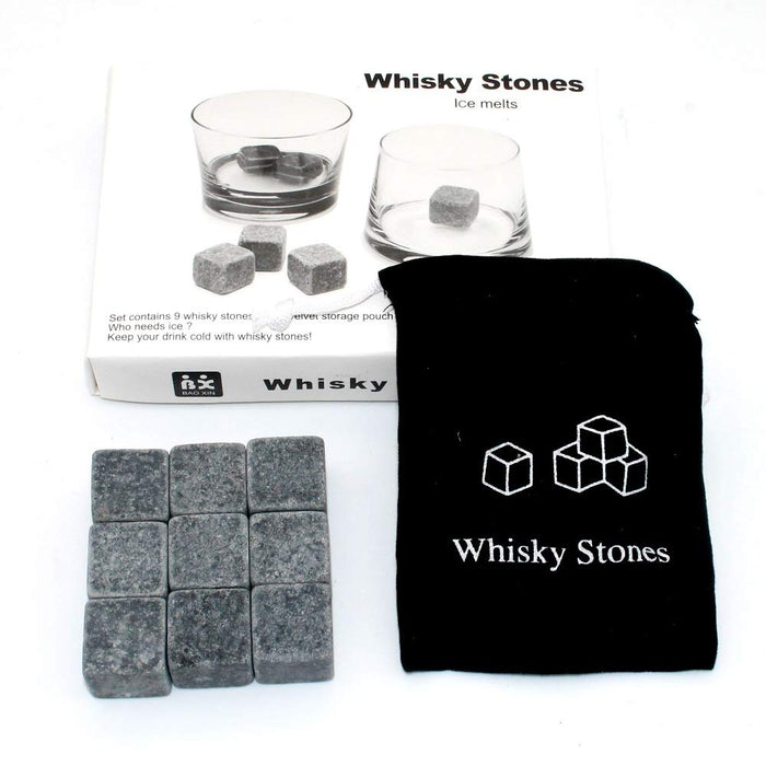 Whiskey Stones Set w/ 9 Granite Whiskey Rocks Bag Reusable Cooling Ice Cubes Chill Your Scotch & Cold Drinks|Packed in Elegant