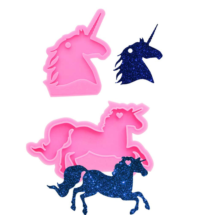 2PCS Glossy Shiny Pegasus Unicorn Horse Head Flying Unicorns Keychain Silicone Mold with Hole for DIY Necklace Fondant Mold Crystal Earrings Candy Luggage Tag Pendant Epoxy Craft Decoration Trinket