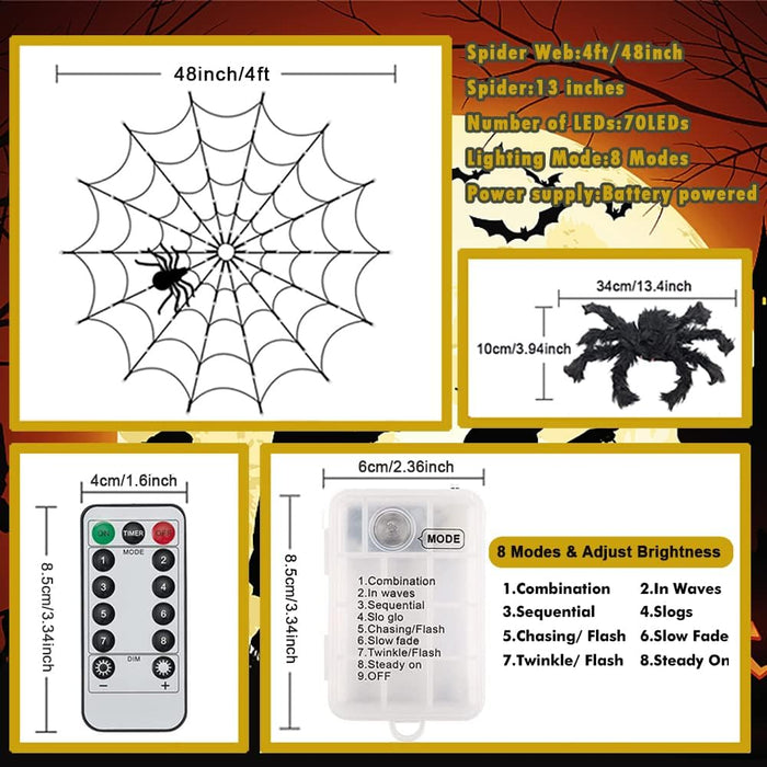 Spider Web Light with Hairy Spider 70LED Battery Powered Remote Contro