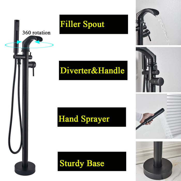 Votamuta Modern Floor Mounted Bathtub Faucet Shower System Freestanding Tub Filler Standing Tub Faucet Freestanding Bathtub Faucets Matte Black Dual Functions Waterfall Spout Filler with Hand Shower