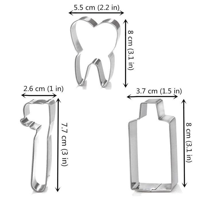 Mini Tooth Series Cookie Cutters Set of 3 pcs, Stainless Steel Fondant Cutter Molds Baking DIY (Toothpaste+Toothbrush+Tooth)