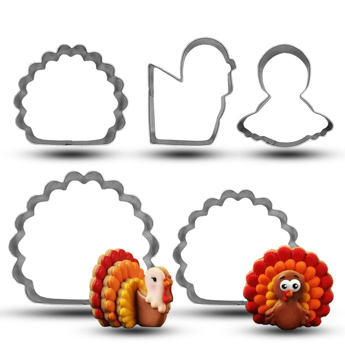 Bonropin Thanksgiving Cookie Cutter Set - 5 Piece Stainless Steel Cutters Molds for Making 3D Turkey,Lovely Little Turkey