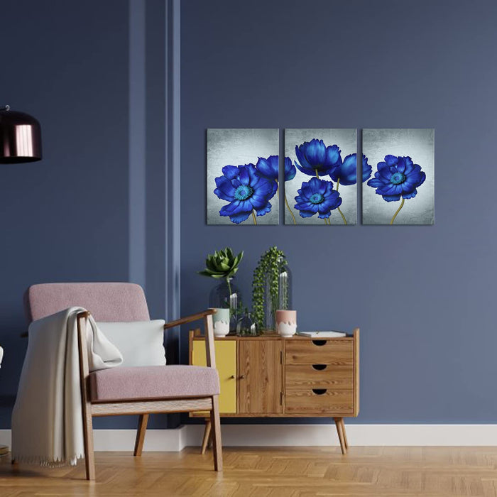KiteChaser 3 Pcs Blue Flower Wall Art Decor Vintage Flower on Grey Backdrop Pictures Canvas Framed Modern Floral Art Decoration